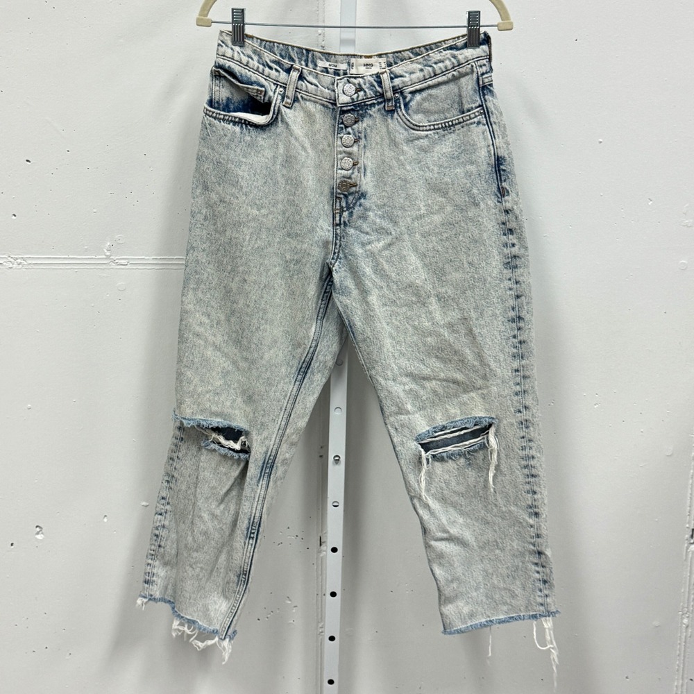 Mango MNG Denim Mom Jeans Light Acid Wash Distressed Button Fly Sz 6 Streetwear